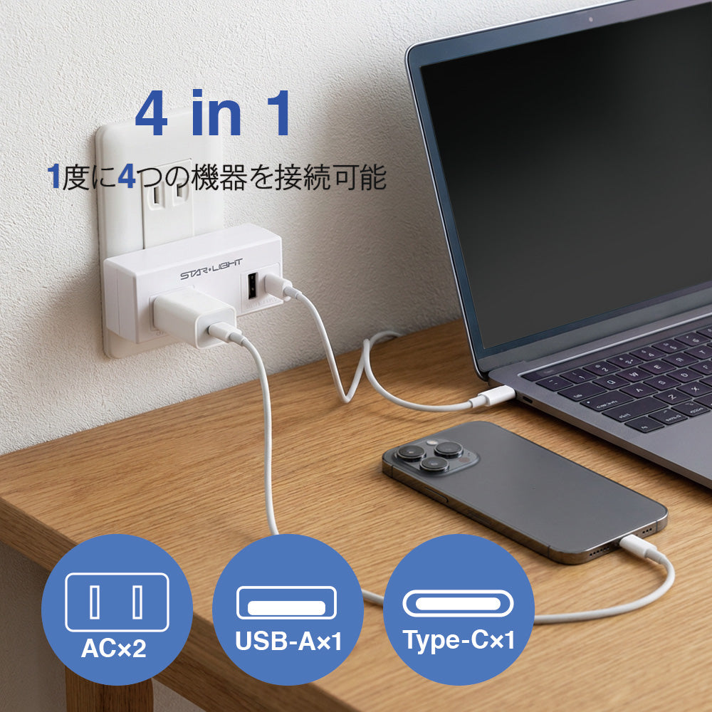 小型モバイル電源タップ  SK-S2AC2USBPD20WH